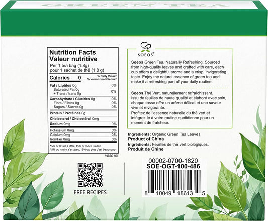 Soeos Organic Green Tea, 100 Tea Bags (Pack of 1), Caffeinated, Fresh and Healthy Green Tea, 6.3 Ounce