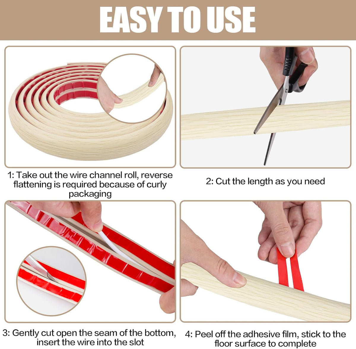Floor Cord Cover Self Adhesive Cord Hider,10FT Cable Management, Extension Strip Protector for Wires, Prevent Cable Trips for Offices, Gyms, Exhibitions Cavity 0.39"(W) x 0.27"(H) BrownWood