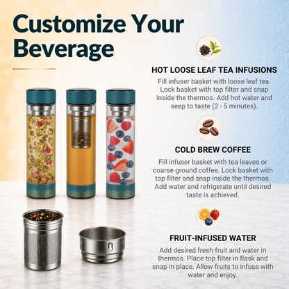 Farasi Tea Infuser for Loose Leaf Tea Smart Water Bottle with Fahrenheit Temperature Display, Stainless Steel Insulated Coffee and Fruit Tea Infuser Bottle - Floral Travel Tea Mugs 15 oz (Black)