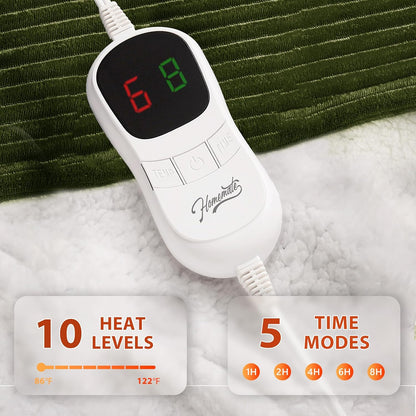 Homemate Heated Blanket Electric Throw - 50"x60" Heating Blanket Throw 1/2/4/6/8 Hours Auto-Off 10 Heat Levels Over-Heat Protection Soft Flannel Sherpa Heater ETL Certification