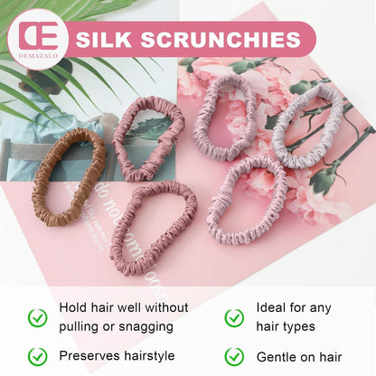 6Pcs Silk Hair Ties 100% Pure Mulberry Silk Scrunchies for Women Girls | No Hair Crease, Anti Frizz, Gentle Hold, No Damage, Black Brown Pink