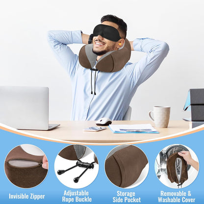 CloudBliss Travel Pillow for Airplane, Memory Foam Neck Pillow for Travel, Compact Flight Pillow with Eye Mask, Earplugs, Carry Bag, Travel Neck Pillow for Long Flight Sleep, Plane Accessories, Black