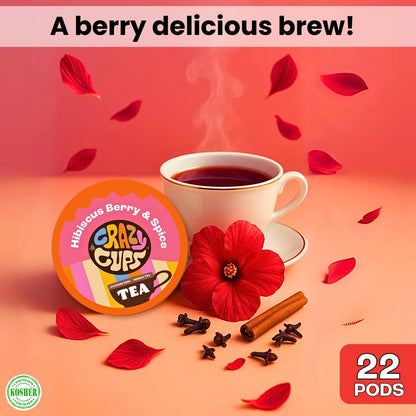 Crazy Cups Hibiscus Berry & Spice Herbal Tea Pods, 22 Count, Kosher Certified, Fruity & Spiced Blend with Cinnamon, Ginger & Clove | K Cup Compatible, Hot or Iced Herbal Tea