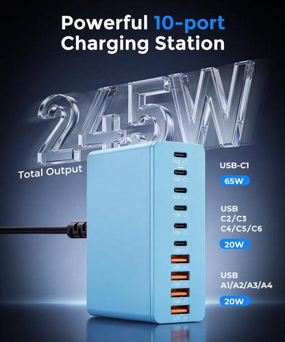 USB C Charging Station 10 Port with 4 Cables,245W GaN Charger Block