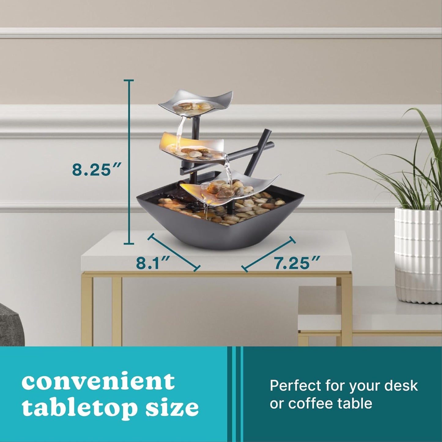 Homedics Tabletop Water Fountain, 3 Tier Indoor Waterfall Fountain with Natural River Rocks, Quiet Pump for Relaxation, Zen Home & Office Desk Décor, AA Battery Powered
