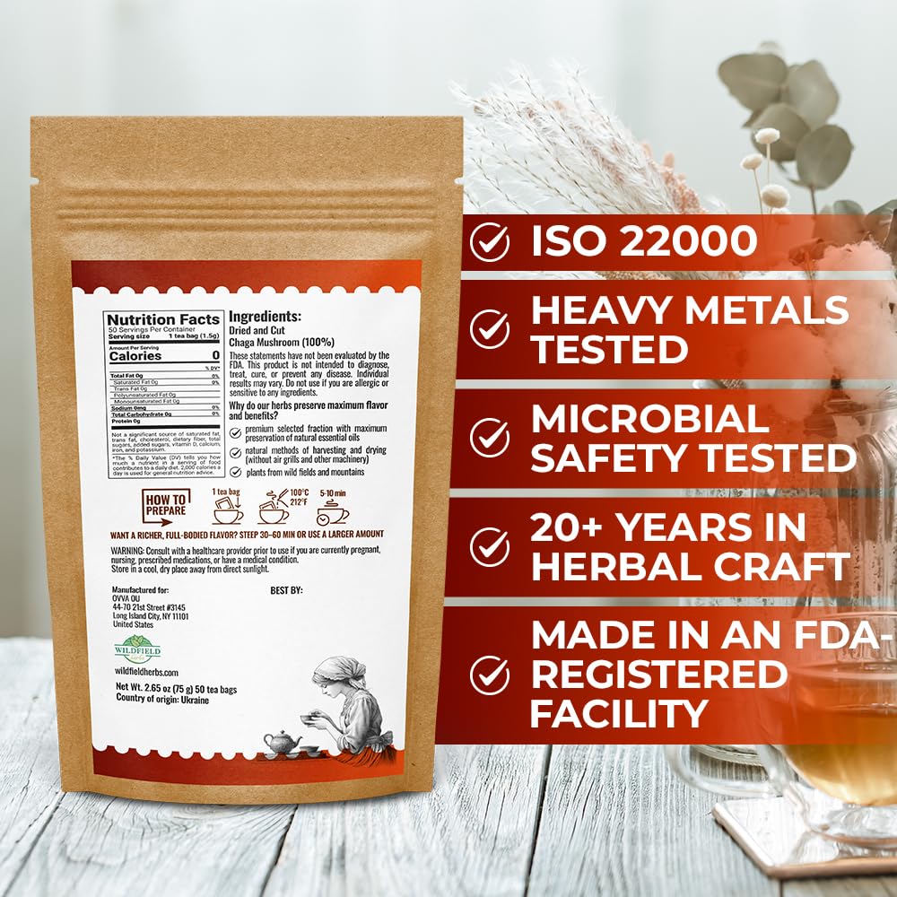 50 Bags Chaga Tea Chaga Mushroom Tea Herbal (Inonotus Obliquus) - 50 Count 1.5g Bags Herb