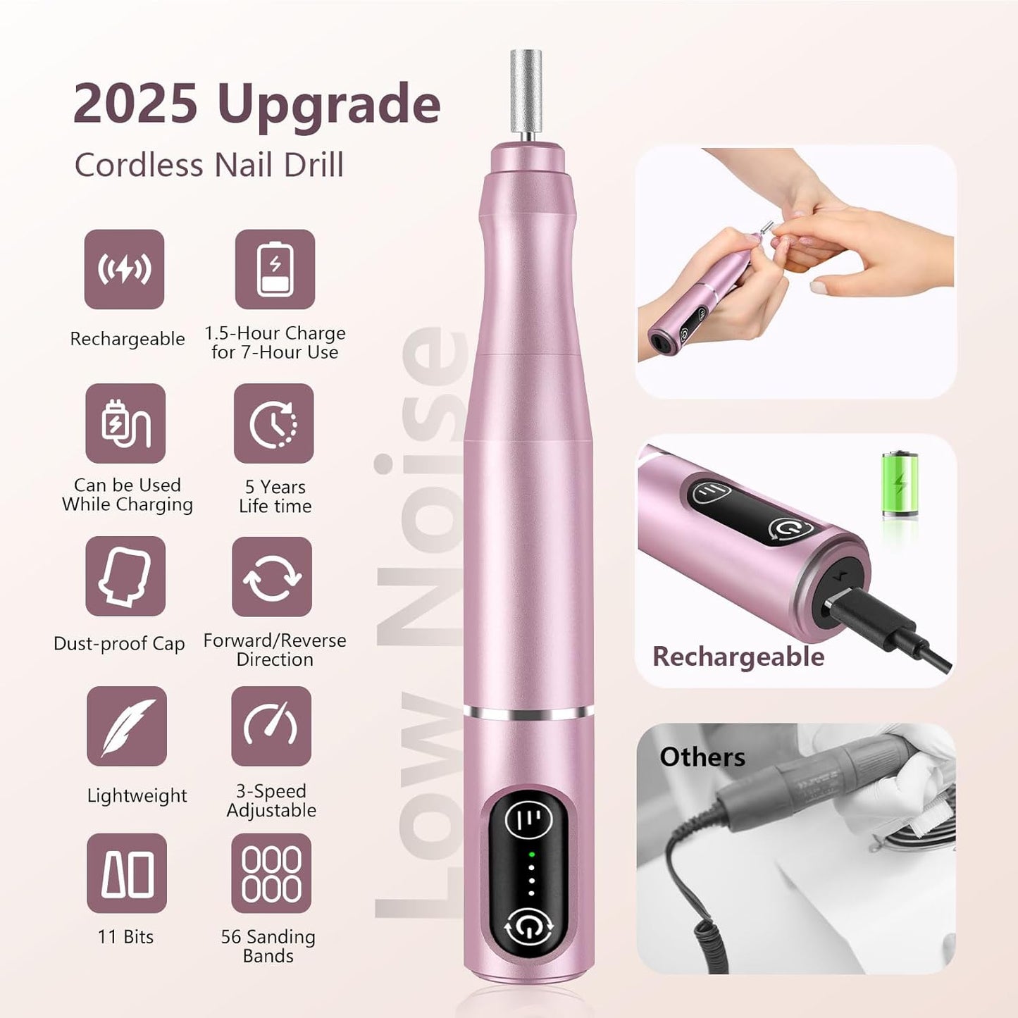 TUOBEO Cordless Nail Drill Electric Nail File Kit, Rechargeable Efile Set, Portable Acrylic Gel Nail Polish Remover Machine, Pedicure Manicure Tool, 11 Bits, 56 Sanding Bands, Salon Home, Purple
