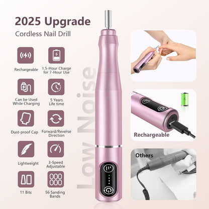 TUOBEO Cordless Nail Drill Electric Nail File Kit, Rechargeable Efile Set, Portable Acrylic Gel Nail Polish Remover Machine, Pedicure Manicure Tool, 11 Bits, 56 Sanding Bands, Salon Home, Purple