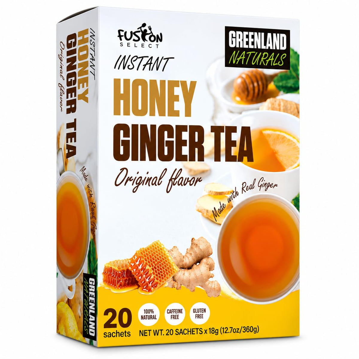Fusion Select 20 Sachets Original Ginger Honey Crystals Packets - Crystallized Ginger Tea with Honey - Easy-to-Prepare Instant Drink Mix - Natural Ingredients with No Caffeine