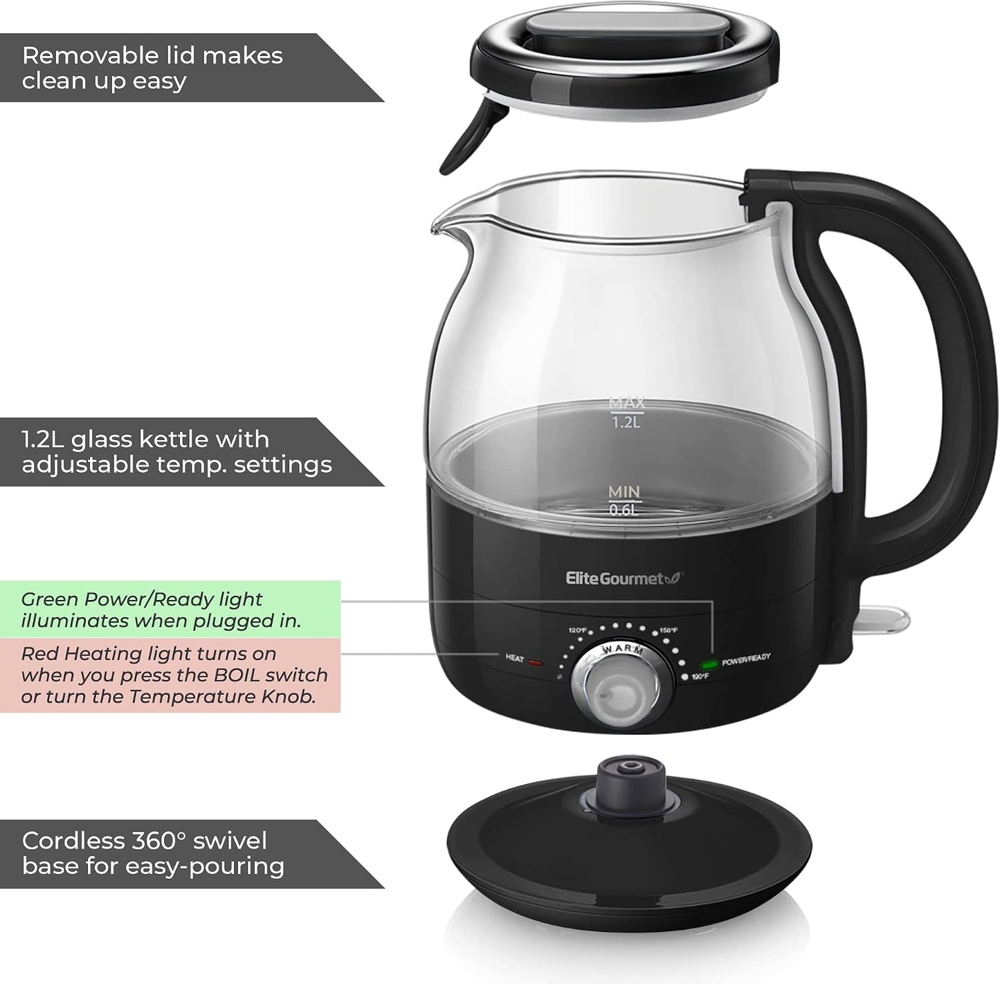 Elite Gourmet 1.2L Electric Glass Kettle, 1200W Fast Boil, Adjustable Temperature Control & Keep Warm, BPA-Free Borosilicate Glass, Auto Shut-Off & Boil-Dry Protection, 360° Cordless Base, Mint
