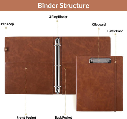 SKYDUE 3 Ring Binder with Clipboard, 13.2" × 10.2" Faux Leather 1 Inch Binder Organizer with 5 Pocket Dividers, Notepad, Labels & 2 Storage Pockets for Teachers, Students, Nurses & Office Work