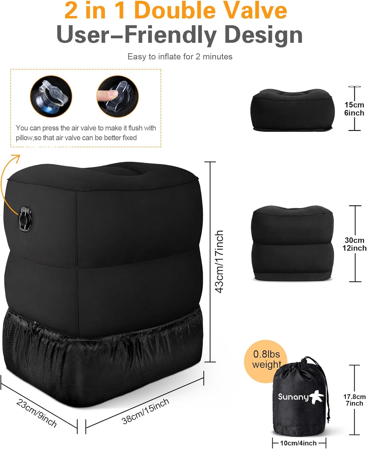 Sunany Inflatable Foot Rest Pillow for Travel, Kids/Adults Airplane Travel Pillow-Adjustable Height for Kids to Sleep While Traveling,Suitable for Airplane, Office, Home, Cars and Any Travel (1 Pack)