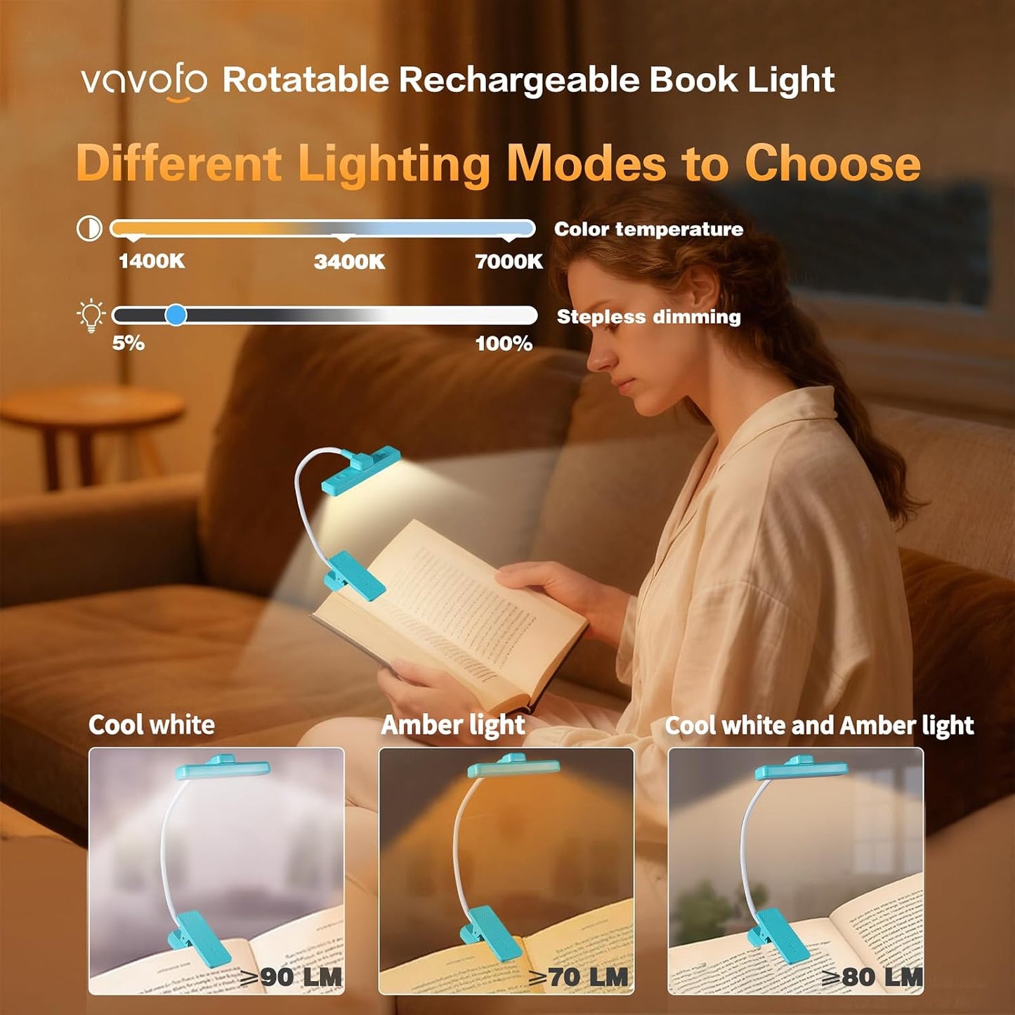 VAVOFO 24 LEDs Rotatable Book Light, Rechargeable Clip Reading Lamp