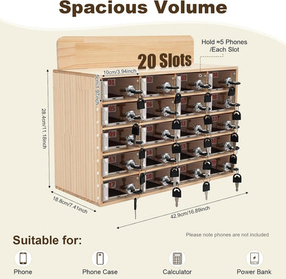 20-Slot Cell Phone Locker Box, Wood/Acrylic, Wall/Desk with Locks and Keys