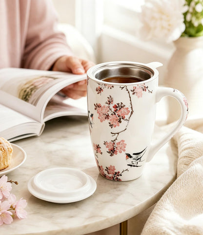 AmorArc 18oz Porcelain Tea Mug with Infuser & Lid, Loose Leaf Tea Cup with Stainless Steel Strainer, Large Coffee Mug Gift for Women, Tea Lovers, Home & Office