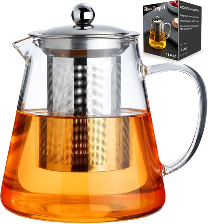 Baalaka Glass Teapot Stovetop 20 OZ/600ml, Tea pot with Removable 18/8 Stainless Steel Infuser, Borosilicate Clear Tea Kettle, Teapot Blooming and Loose Leaf Tea Maker Tea Brewer for Camping, Travel