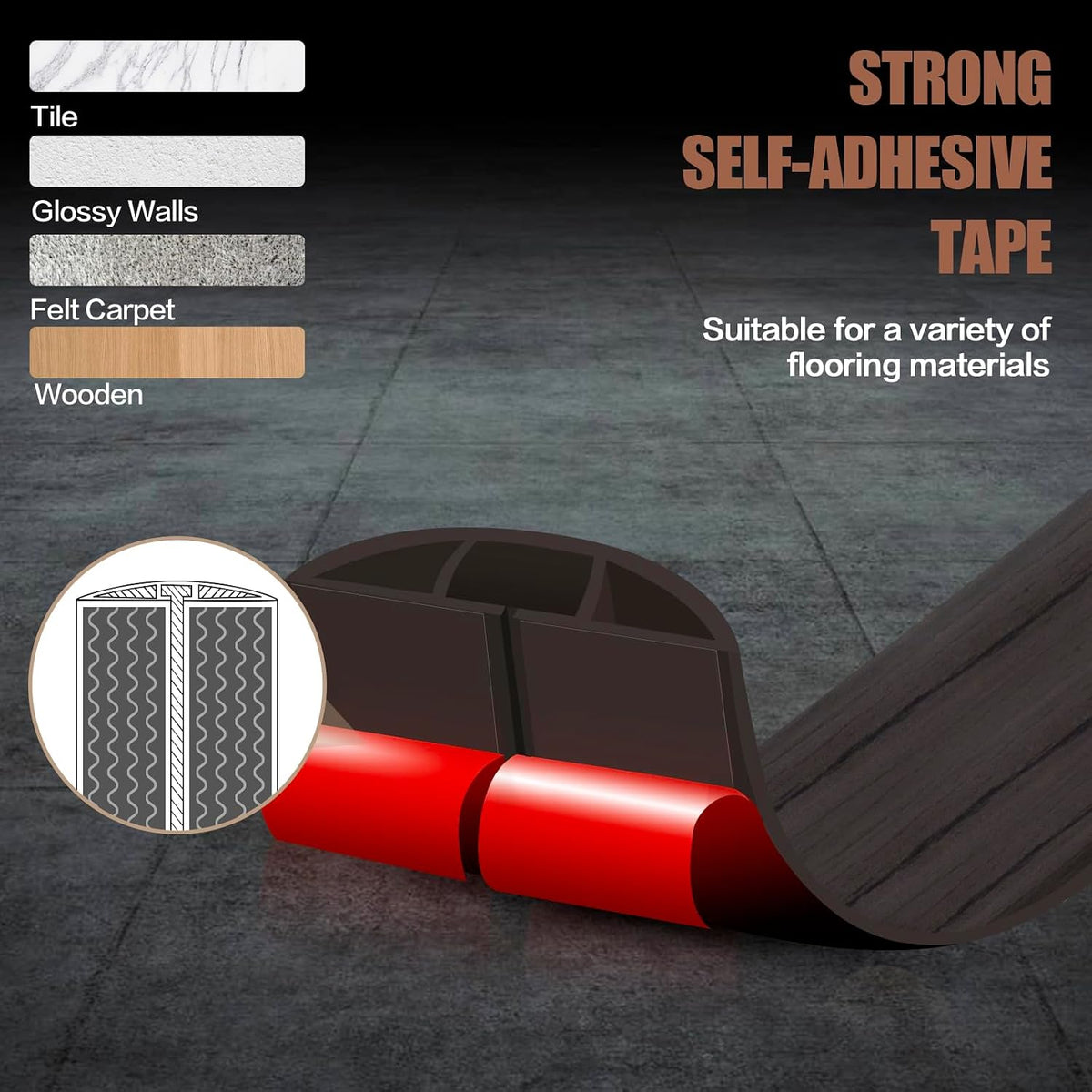 Floor Cord Cover Self Adhesive Cord Hider,10FT Cable Management, Extension Strip Protector for Wires, Prevent Cable Trips for Offices, Gyms, Exhibitions Cavity 0.39"(W) x 0.27"(H) BrownWood