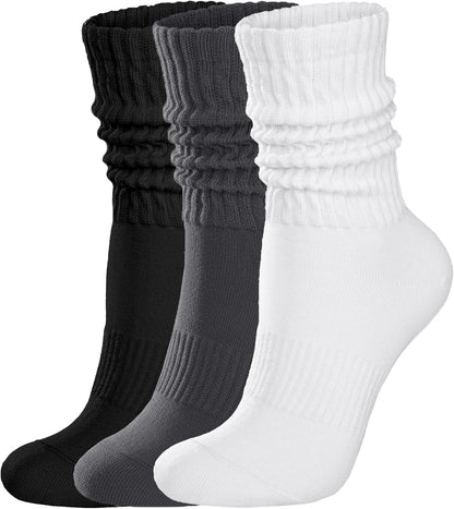 Womens Scrunch Crew Socks: Retro Solid Slouch Mid Calf Socks - Cotton Casual Athletic Socks