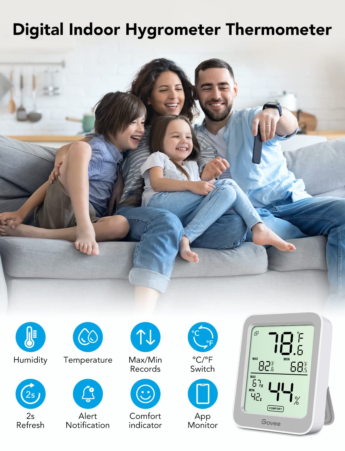 Govee Indoor Hygrometer Thermometer 2Pack H5075 with Bluetooth App Control | Room Temperature Humidity Meter, 164ft Remote Monitor, Smart Alerts, 2 Years Data Storage Export, for Bedroom Wine Cellar