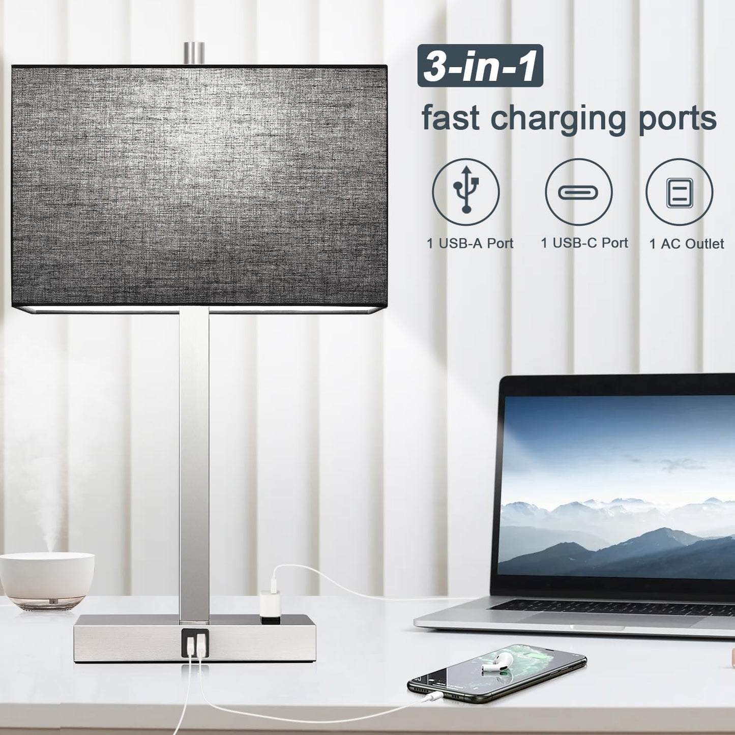21" Touch Bedside lamps with 2 USB & AC Outlets, 3-Way Dimmable Bedside Table Lamps Set of 2 for Bedroom Living Room Office Reading, Gray Shade Lamps for Night Stands, 5000K LED Bulbs Included