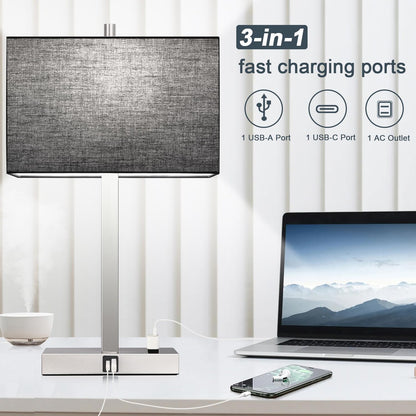 21" Touch Bedside lamps with 2 USB & AC Outlets, 3-Way Dimmable Bedside Table Lamps Set of 2 for Bedroom Living Room Office Reading, Gray Shade Lamps for Night Stands, 5000K LED Bulbs Included