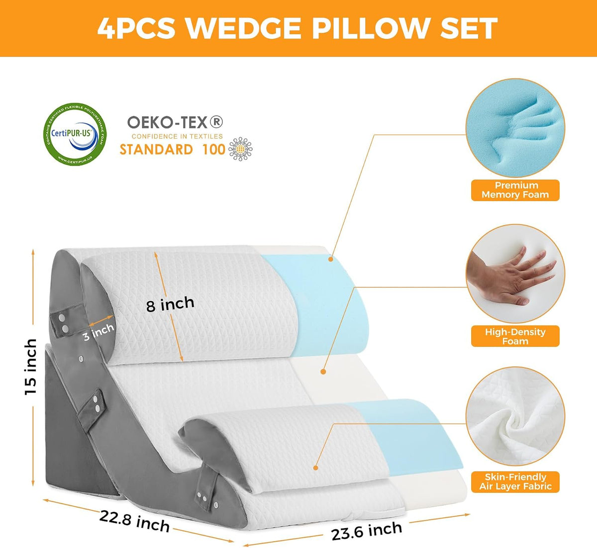 Ruqmuis Wedge Pillow Set for After Surgery, Bed Wedge Pillow, White