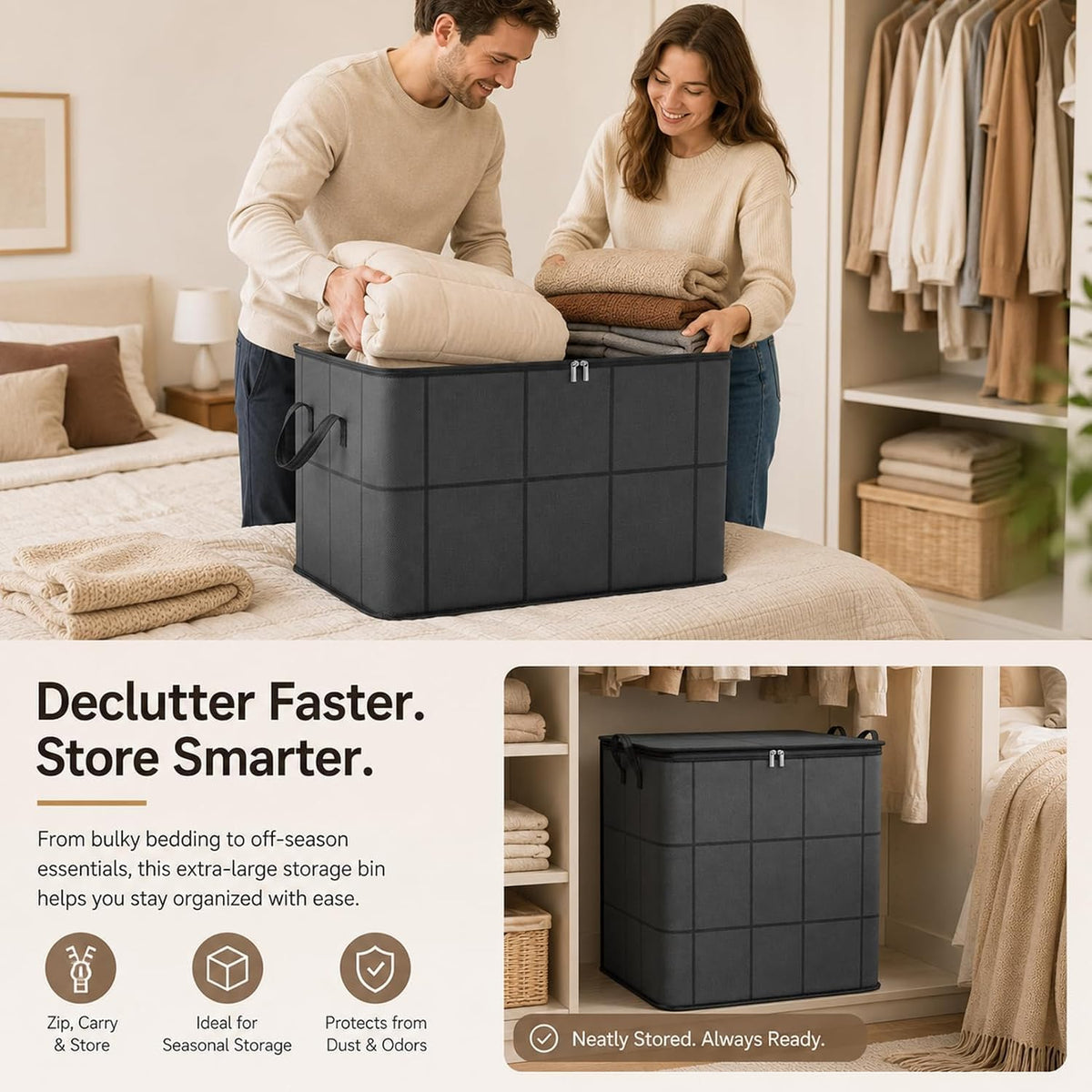 180L Spacious Moving Storage Bin, XXl Foldable Storage Bag with Reinforced Handles, Large Capacity Zippered Fabric Organizer for Bedding, Clothes, Quilts, Comforters & Moving Day