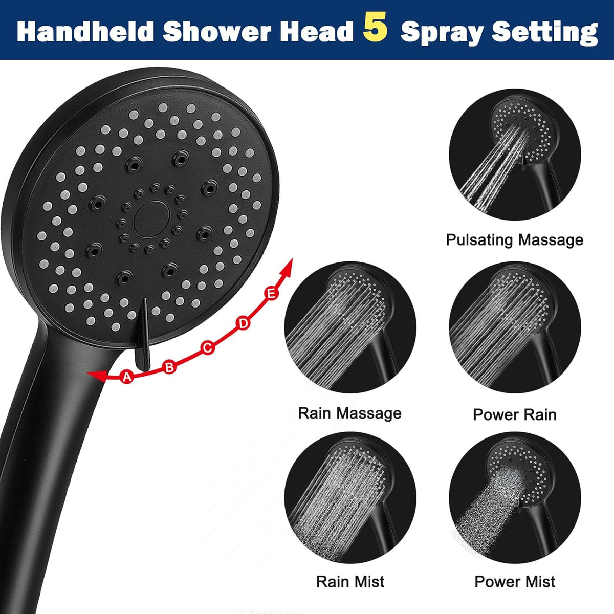 NearMoon Filtered Rain Shower Head, High Pressure 8″Square, and 5 settings Handheld Shower Filter Combo with Self-adhesive Holder/1.5M Hose -1 Replaceable Filter Cartridge (Matte Black)