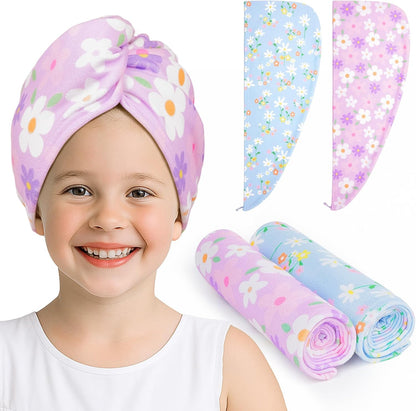 Unicorn Castle Microfiber Hair Towel for Kids 2Pack Hair Wrap Towels Absorbent Hair Drying Towel Wrap Hair Turbans for Curly Thick Hair, Pink White Strawberry