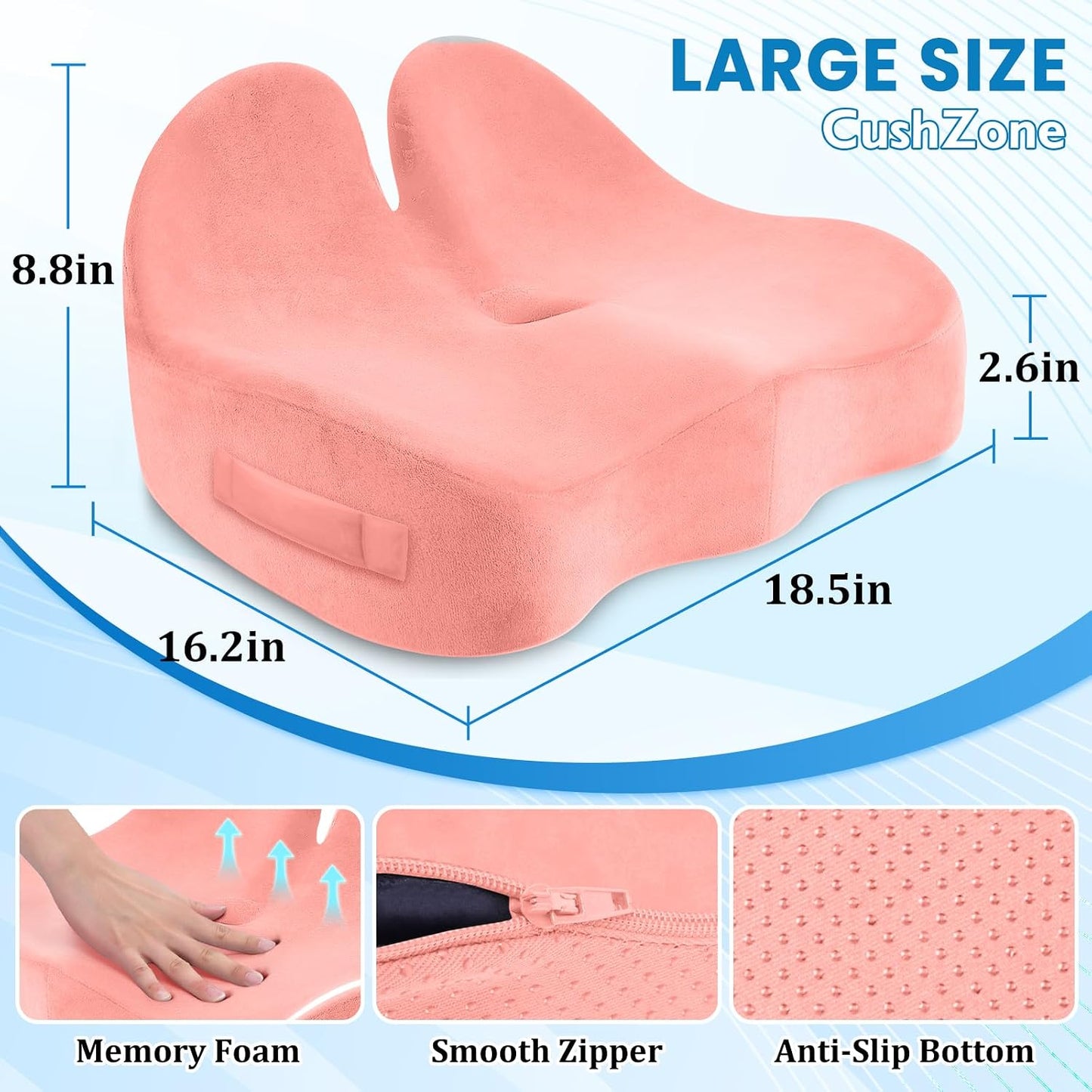 CushZone Seat Cushion, Ergonomic Memory Foam Seat Cushions for Office Chairs, Car, Long Trip, Desk Chair, Lab, Extra Large Size for Sciatica & Hip & Tailbone Pain Relief, Sciatica Support (Black)