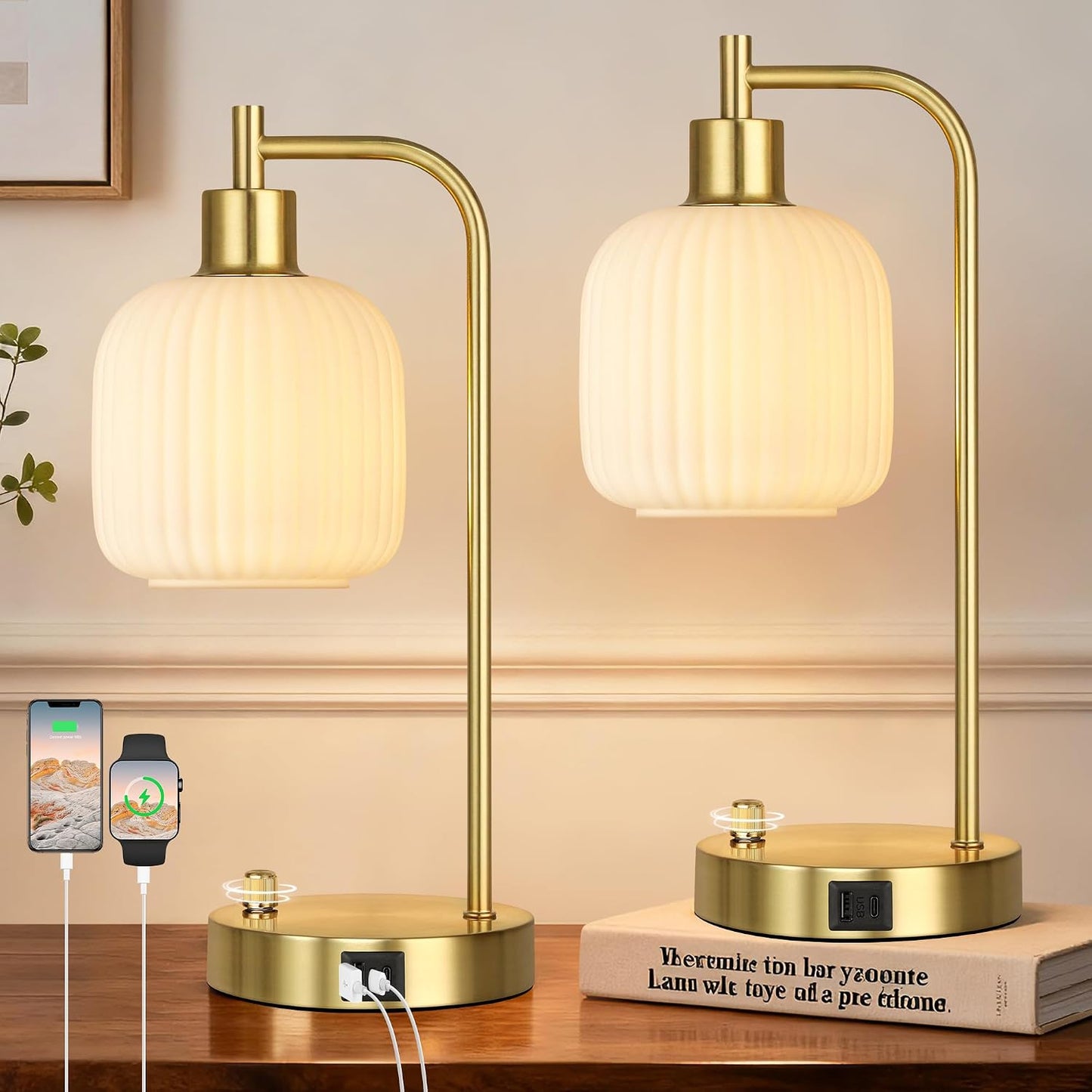 QiMH Industrial Table Lamp for Bedroom Set of 2, Green Glass Beside Lamp with USB A&C Ports, Stepless Dimmable Gold Lamps, Nightstand Lamps for Living Room, Office, Home Decor(Bulb Included)