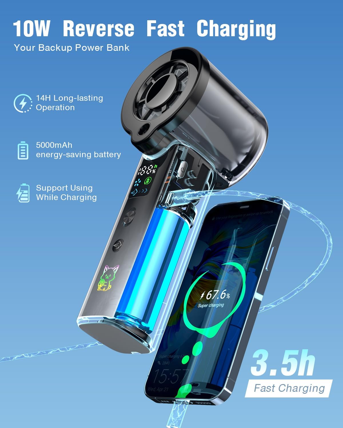 Doge&Vollar Portable Misting Handheld Fan,4‑in‑1 Spray Cooling Turbo Fan,5000mAh Rechargeable,Up to 30H Runtime,100‑Speed Wind,Flashlight SOS Mode,Compact Lightweight,Summer Gifts for Men Women,Black