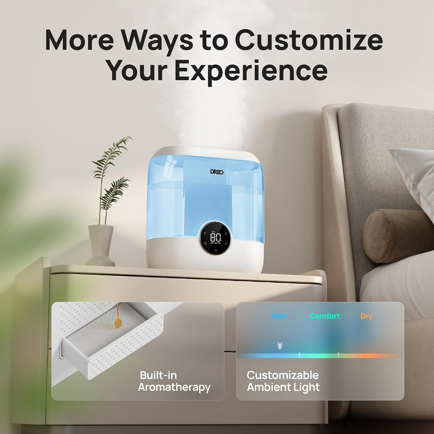 DREO Smart Humidifiers for Bedroom, 6L Top Fill Supersized Cool Mist Humidifier for Large Room, 60 Hour Runtime, Quiet Ultrasonic Humidifier for Plants, Indoor, Home, Night Light, Black