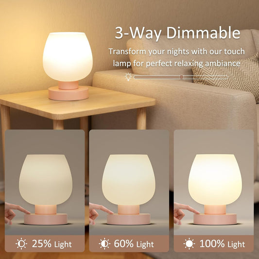 Seealle Touch Table Lamp for Nightstand - Small Bedside Lamp for Bedroom Living Room Night Stands, Desk Lamp with White Glass Shade for Small Spaces, 3 Way Dimmable, LED Bulbs, Gifts