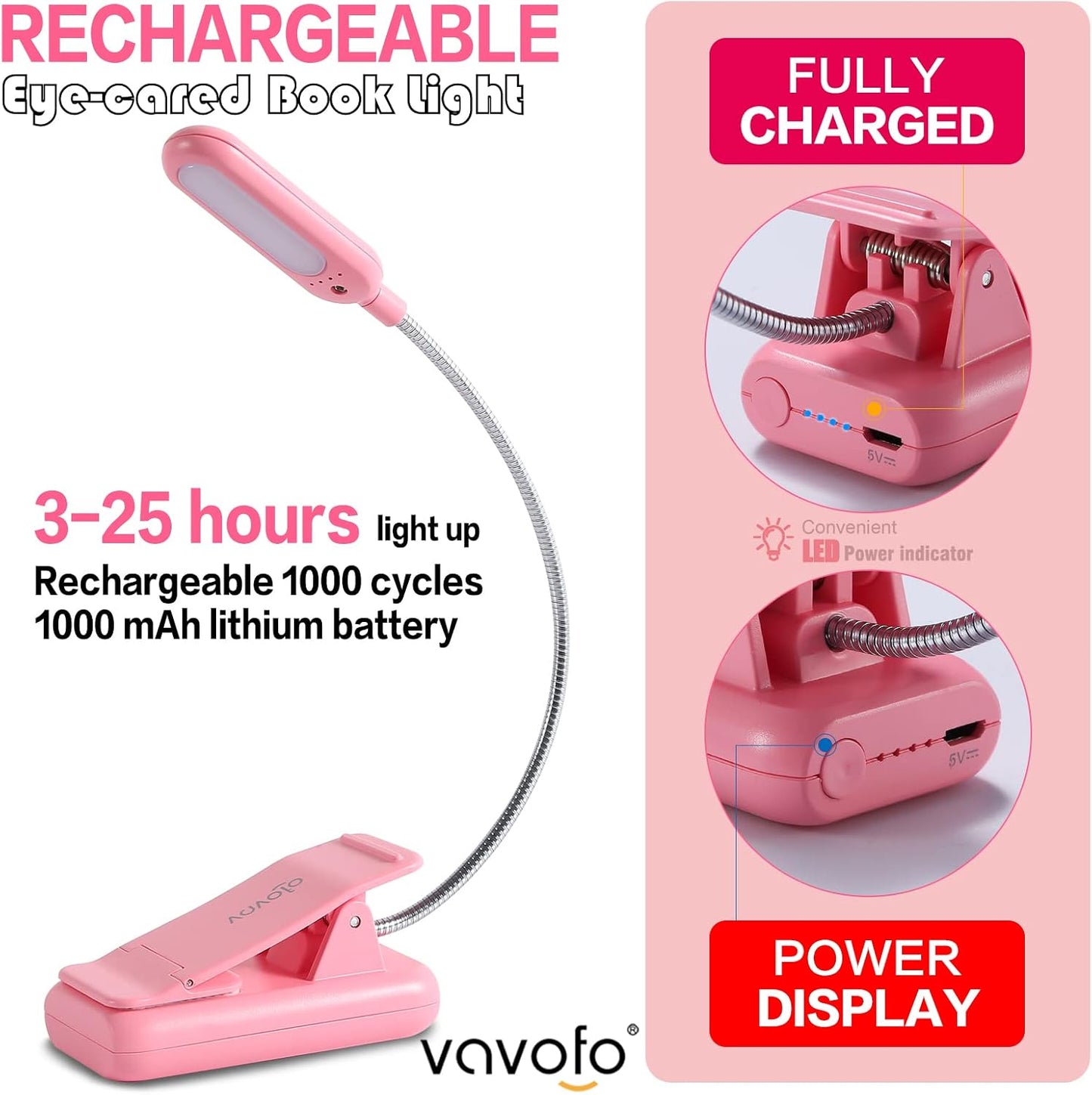 VAVOFO Clip On Book Light for Bed Kids, 7 LED Reading Light with 9-Level Warm Cool White Daylight, Eye Care Lamp with Power Indicator for Bookworms (Blue)