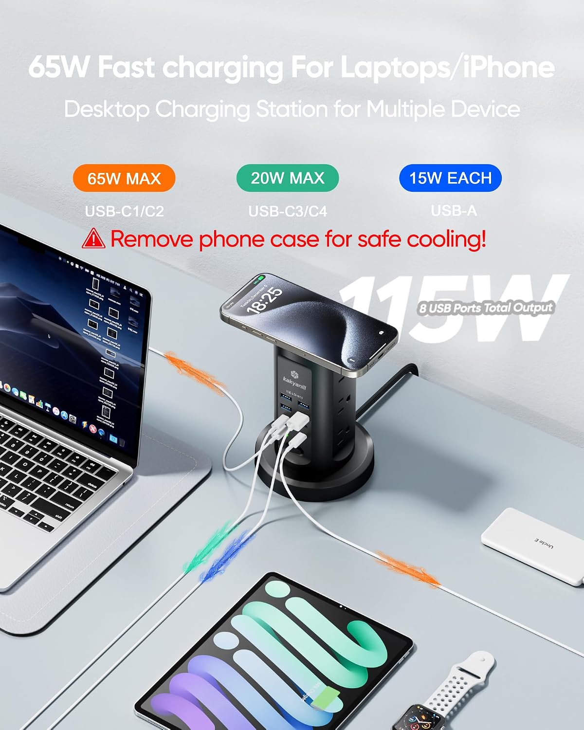 Kakyanill 115W USB Charging Station, Power Strip Tower with 9 AC 8 USB