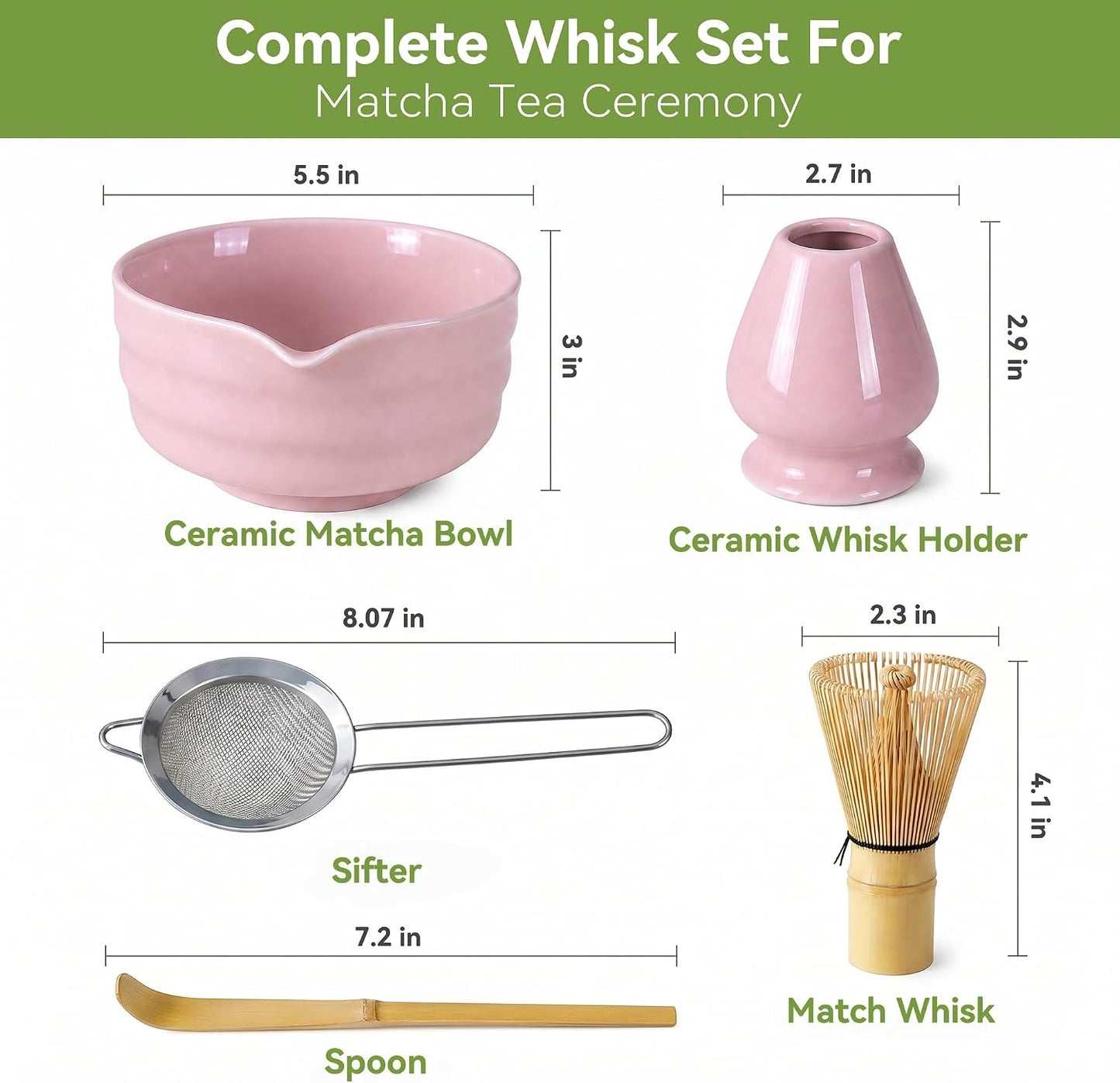 Matcha Whisk Set with Ceramic Bowl - Complete Matcha Making Kit, Bamboo Whisk (Chasen), Whisk Holder, Matcha Powder Sifter, Scoop, Japanese Tea Ceremony Tools（Green）