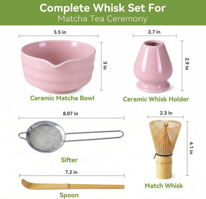 Matcha Whisk Set with Ceramic Bowl - Complete Matcha Making Kit, Bamboo Whisk (Chasen), Whisk Holder, Matcha Powder Sifter, Scoop, Japanese Tea Ceremony Tools（Green）