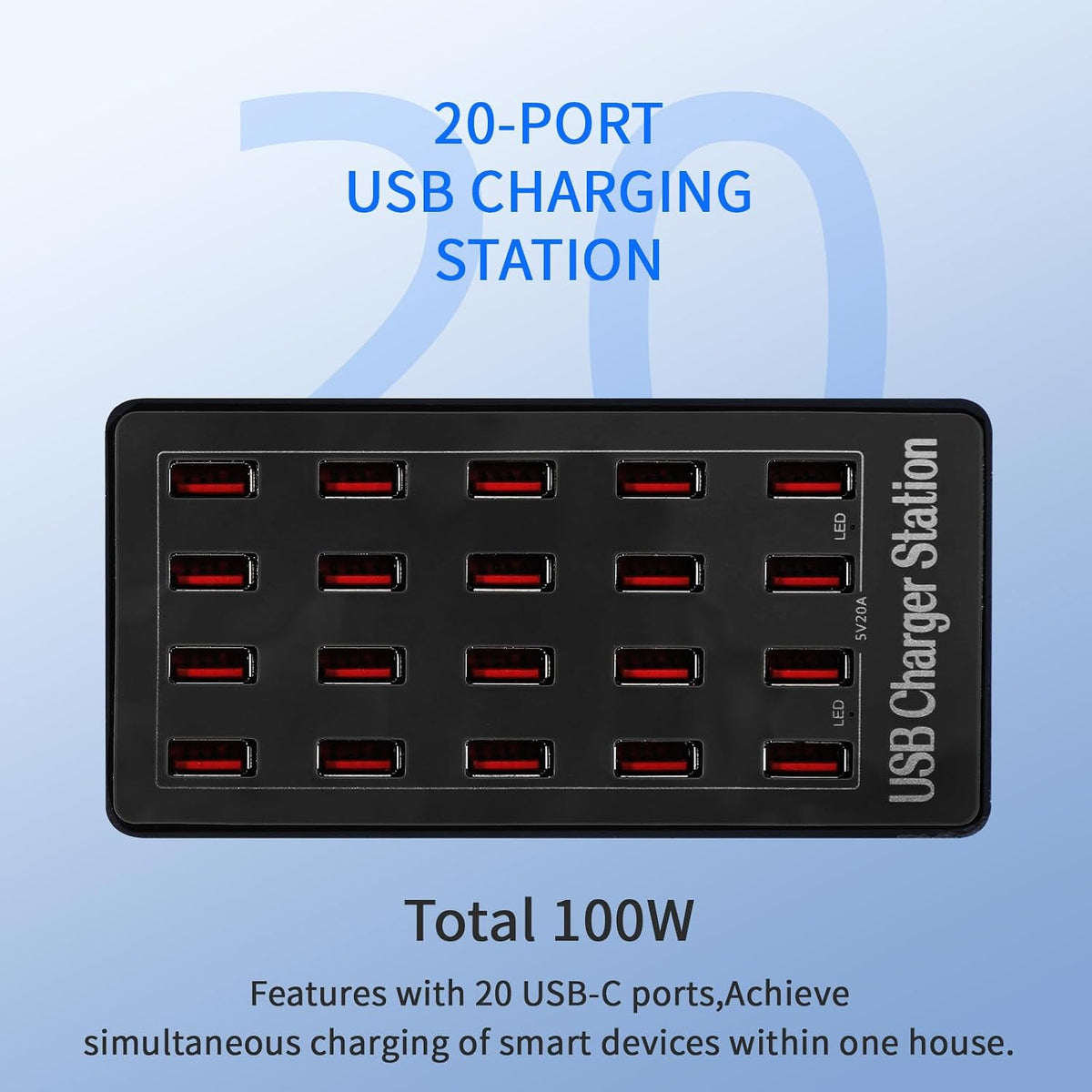 Charging Station, 100W 20-Port USB Multi Device Charger Hub with Intelligent Safety Features, Compact Power Strip for Phones, Watches, Pads, Speakers, Headphones & PS, Ideal for Home Office & Travel