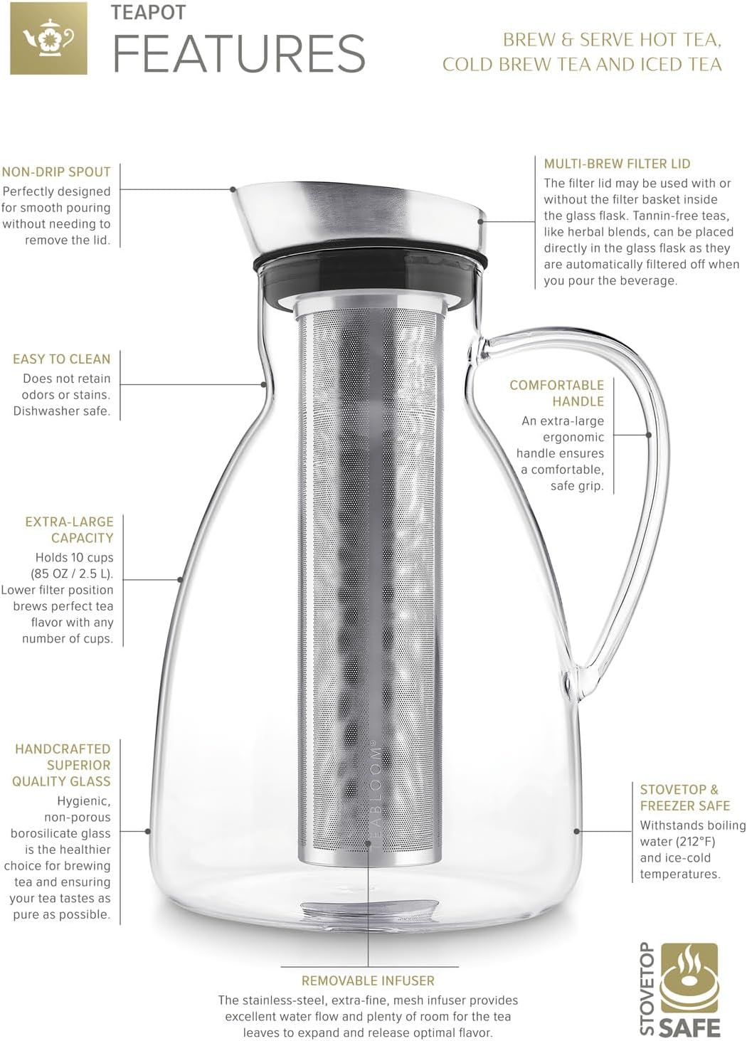 Teabloom Large Multi-Brew Glass Teapot + Kettle + Pitcher (68 OZ / 2.0 L / 8 CUPS) – Brew and Serve Hot Tea, Iced Tea, Cold Brew Tea and Fruit Infused Water – Silhouette Tea Maker