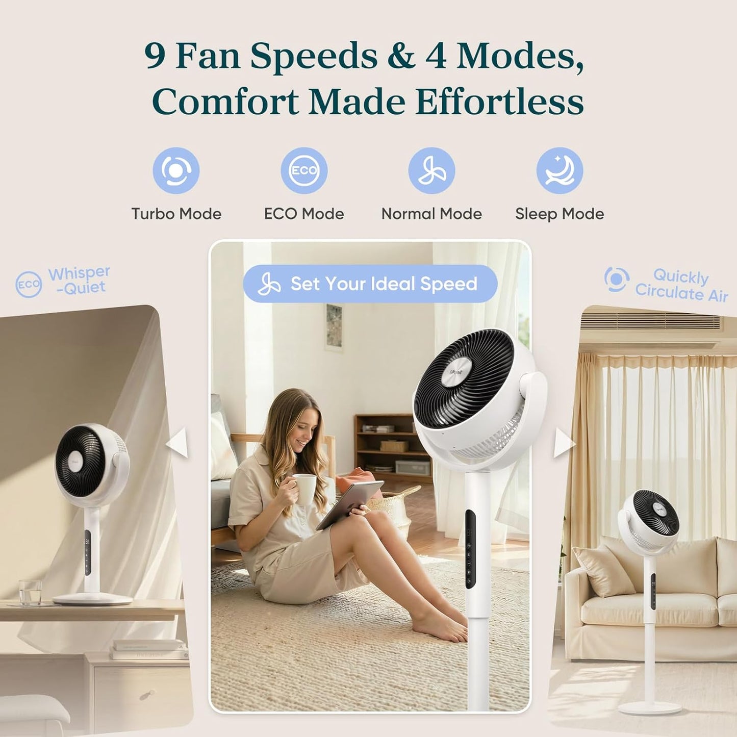 LEVOIT Standing Fan for Bedroom, 20dB Quiet Pedestal Fan for Sleep, 1024 CFM Ultra-High Airflow, 90° Oscillating Floor Fan, DC Motor, 5 Speeds, 12H Timer, Remote, for Home, Room, Office, White