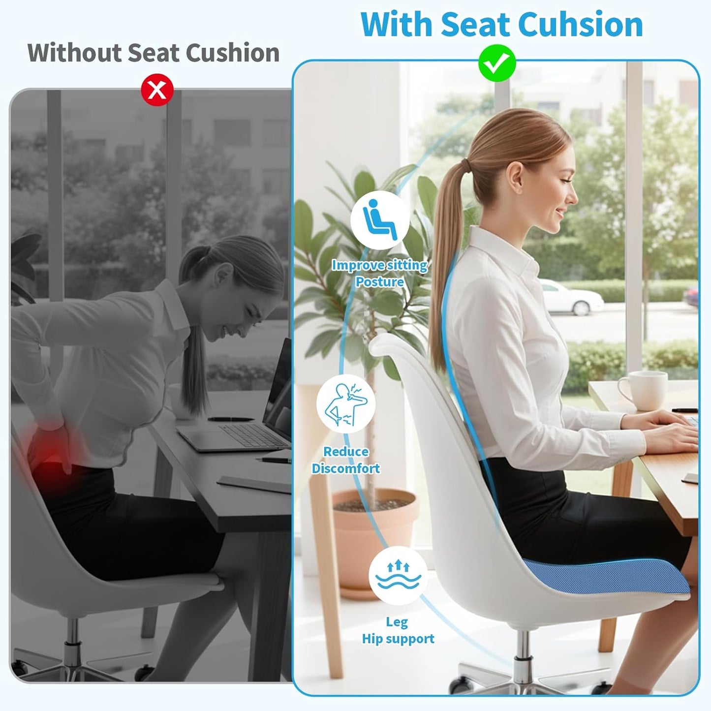 TranquilRelax Large Seat Cushion, Memory Foam Cushion for Long Sitting Hours on Office Chair, Car Seat, Non-Slip Chair Pad for Sciatica, Coccyx, Tailbone Pain Relief & Post-Surgery Recovery (Black)