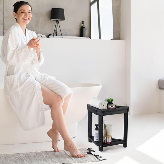 Boulphia Shower Foot Rest 14in, Acacia Wood Shower Stool for Shaving Legs, Waterproof Corner Shower Stool with Storage Shelf for Inside Small Shower Spaces, Wood Color