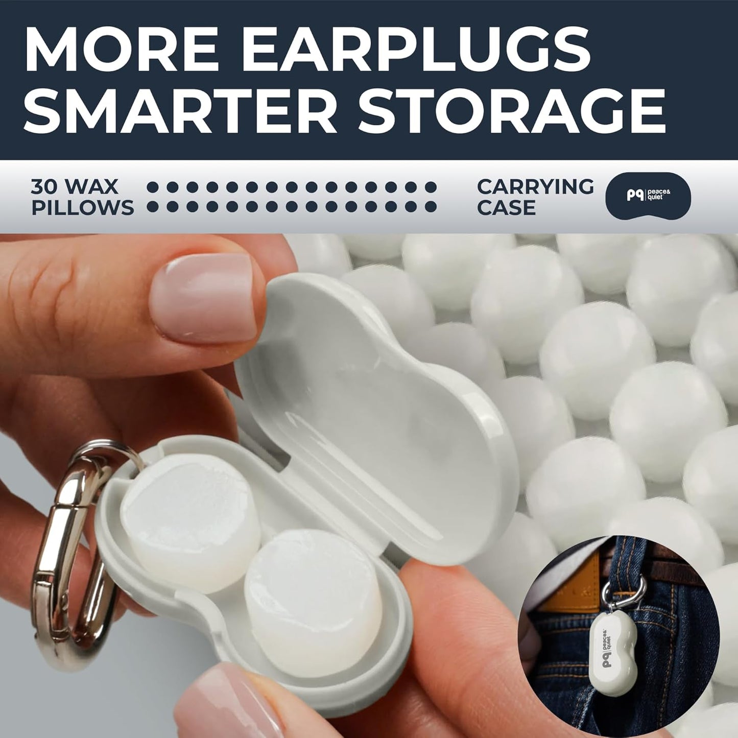 Peace&Quiet PQ Wax Ear Plugs for Sleeping - 30 Silicone Wax Earplugs for Sleeping and Swimming, Gel Ear Plugs for Noise Cancelling, Sound Blocking Level of 32 Db (30 Pillows), Color: White