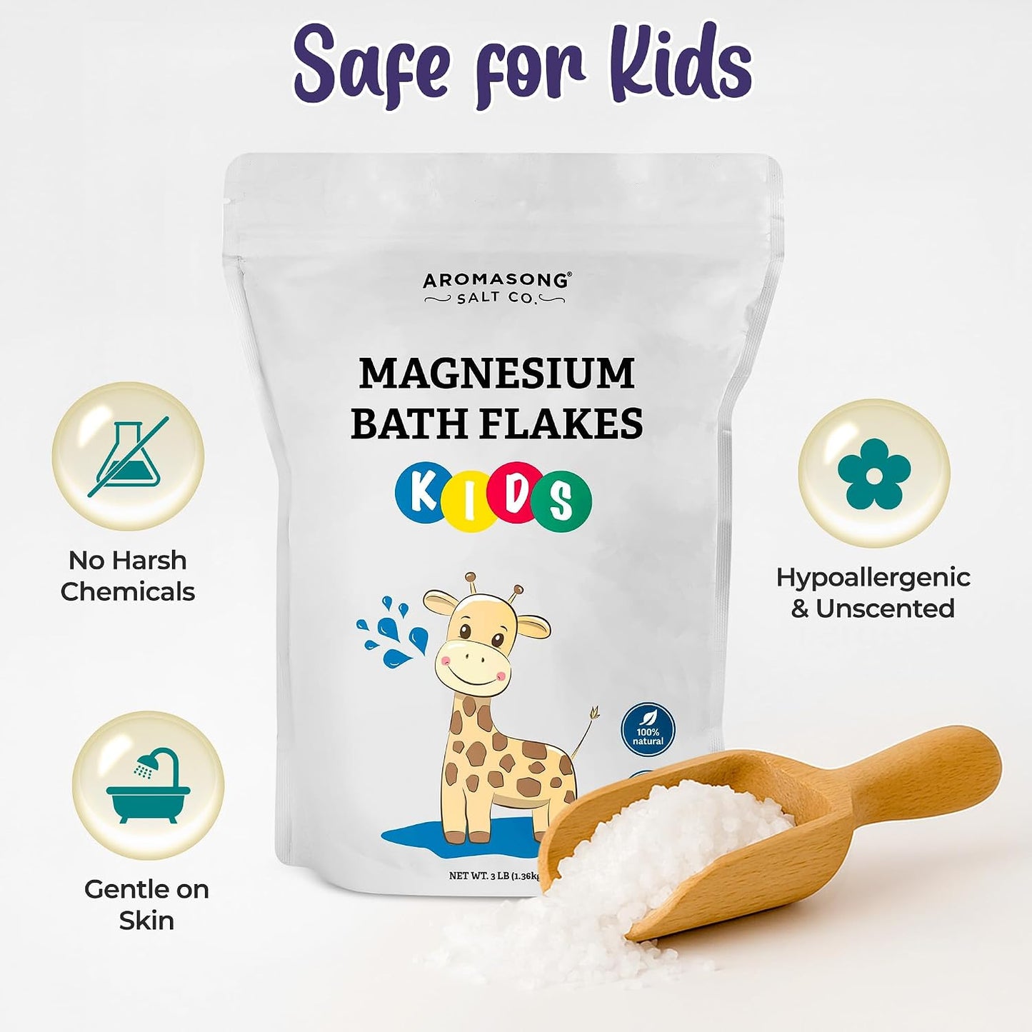 Aromasong Magnesium Flakes for Kids Bath – Pure Dead Sea Salt Bath Flakes for Kids, Toddlers & Babies | Gentle Calming Epsom Salt Alternative | Soothing Bedtime Detox Soak (48 Ounce (Pack of 1))