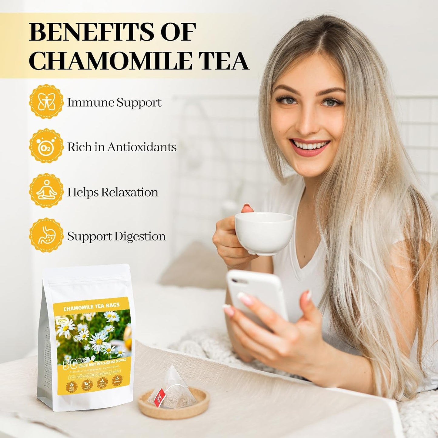 Peppermint Tea, 50 Tea Bags - Pure Peppermint Leaves, Caffeine Free Mint Herbal Tea Bags - Supports Healthy Digestion, Wellness & Refreshment (50 Counts, Pack of 1)