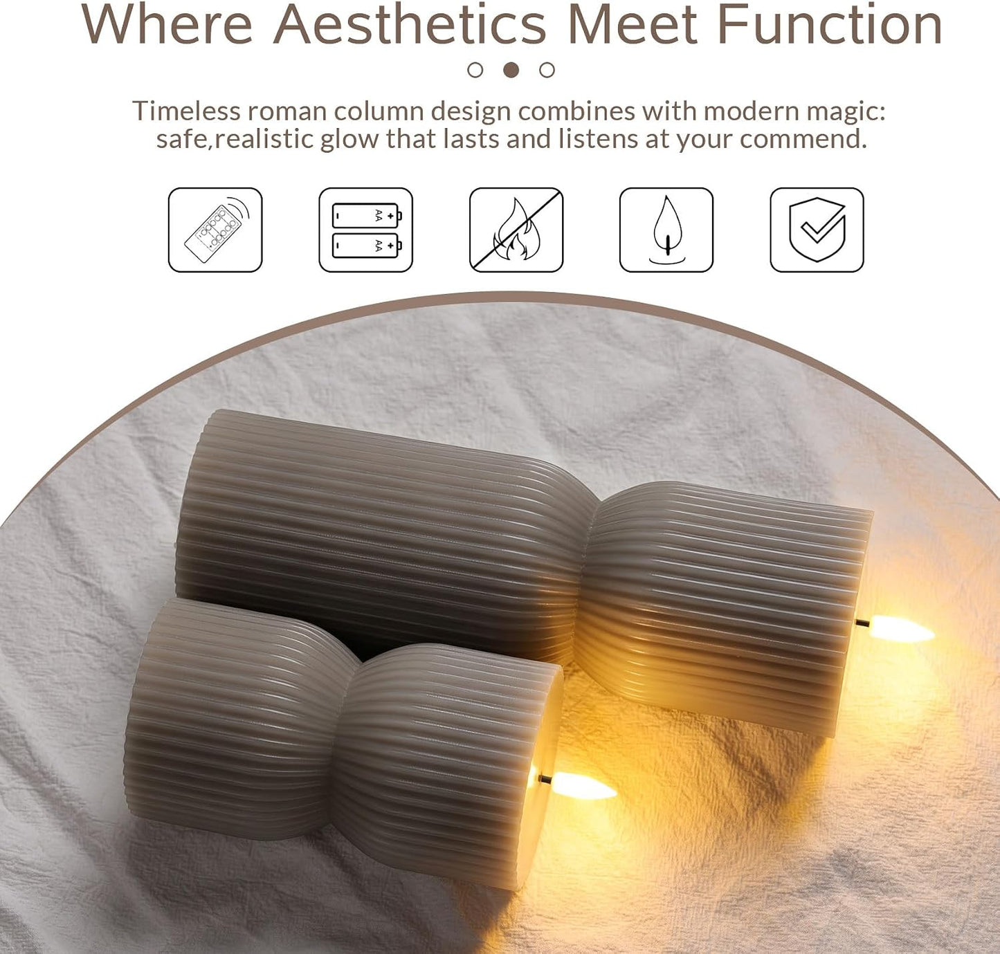 White Ribbed Flameless Pillar Candles with Remote, Real Wax Flickering Battery LED Candles Set of 2