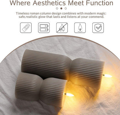 White Ribbed Flameless Pillar Candles with Remote, Real Wax Flickering Battery LED Candles Set of 2