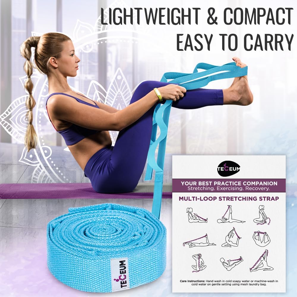 TECEUM Stretching Strap with 10 Loops for Physical Therapy & Rehab | Non-Elastic Yoga Stretch Band for Hamstring, Leg, Hip & Knee Rehab, Pilates, Flexibility & Mobility Exercises for Men & Women