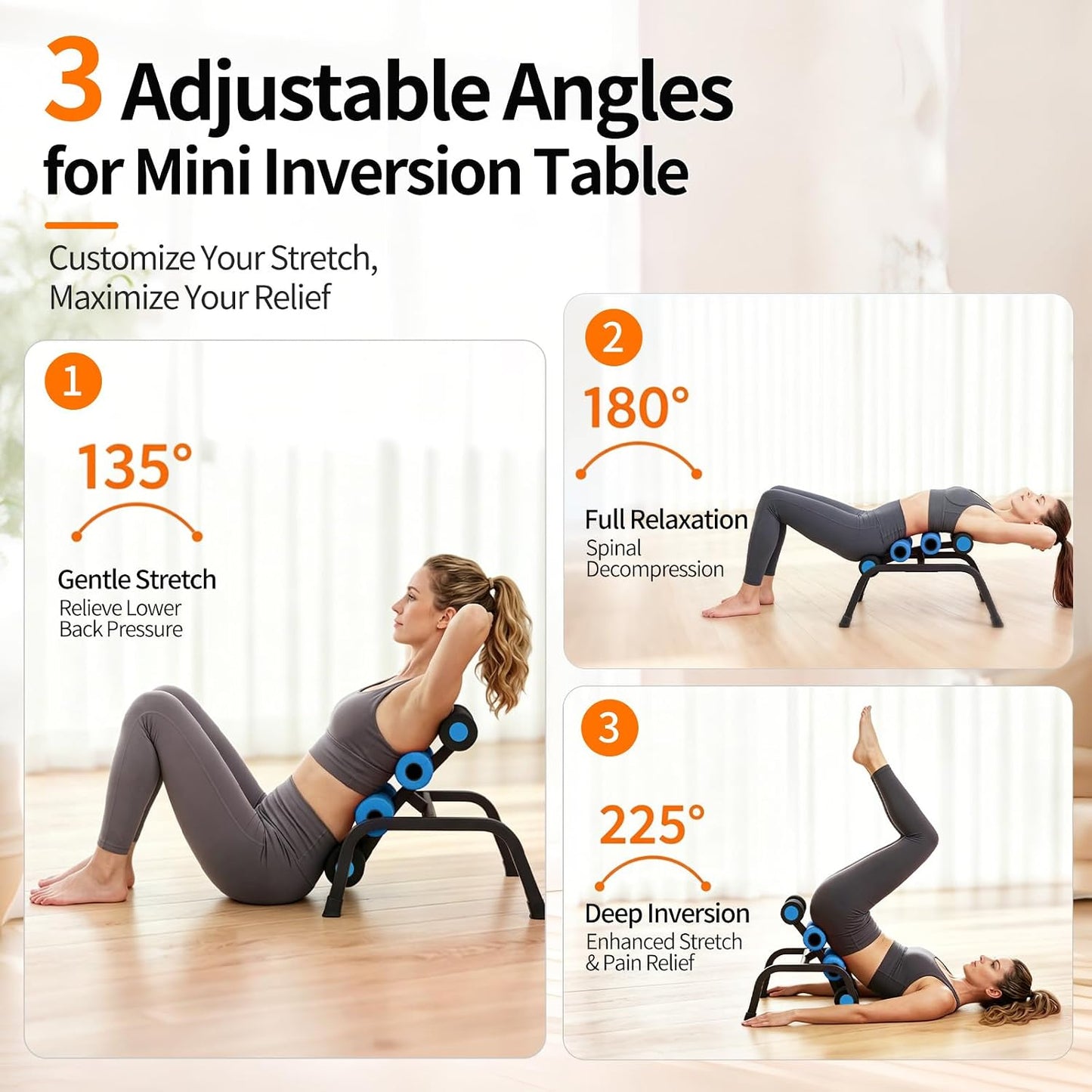 Mini Inversion Table with Rollers, Spinal Decompression Table Rollers | Back Extension Machine for Back Pain Relief, Easy to Assemble & 297 Weight Capacity, Home Gym Equipment